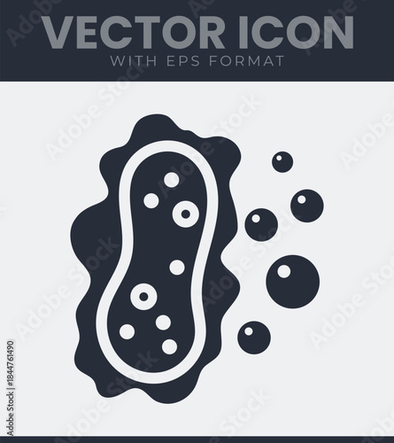 Microorganism cell icon with internal circular elements and floating spheres, depicting a microscopic germ or virus for biology and science concepts, vector illustration