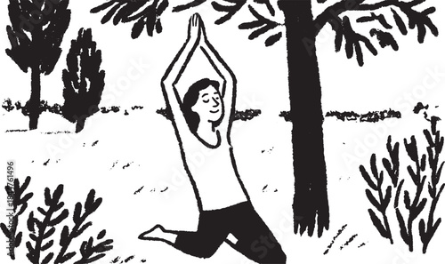 Yoga pose in nature. Woman stretching outdoors among trees in a simple vector illustration.
