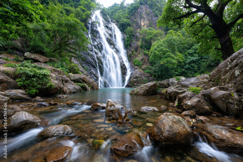 Fototapeta premium Tranquil Waterfall Cascading into Rocky Stream in Lush Forest