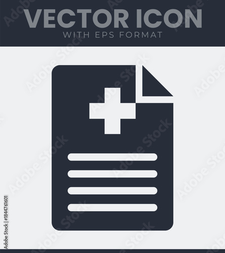 Medical document icon with a prominent cross symbol and multiple horizontal lines indicating text content or data for health records and patient information management, vector illustration