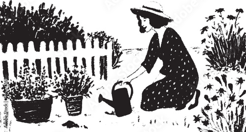 Gardening woman watering plants in a simple black and white illustration. This vector set captures an outdoor activity in a rural scene.