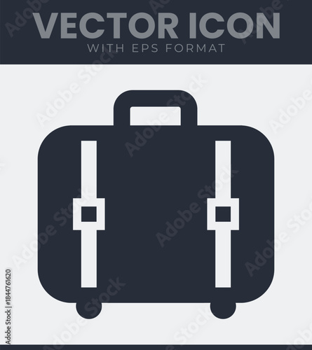 Simple depiction of a travel suitcase icon with a top handle and two vertical fastening straps on its front surface, featuring small wheels for transport, vector illustration