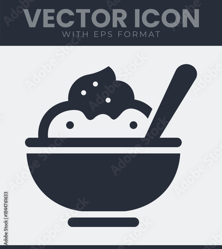 Simple depiction of a bowl filled icon with a meal, featuring a spoon resting inside, ready for consumption, representing a common kitchen item for daily nourishment, vector illustration