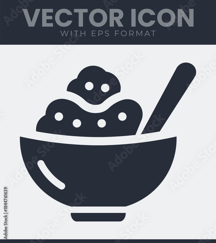 Bowl filled icon with a textured food item and a spoon resting inside, ready for consumption, presented clearly on a clean surface, vector illustration