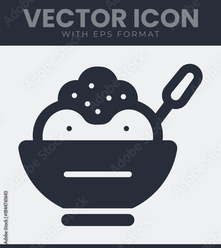 Simple graphic representation of a serving bowl filled icon with a meal and an eating utensil, depicting a common culinary item for consumption, vector illustration