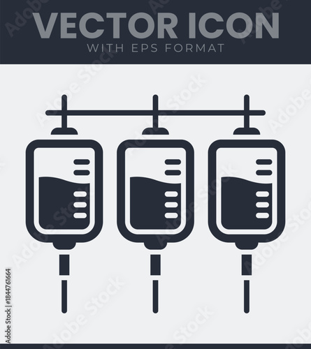Three intravenous fluid bags hanging icon from a medical stand with liquid inside and measurement markings for hospital treatment and patient care, vector illustration