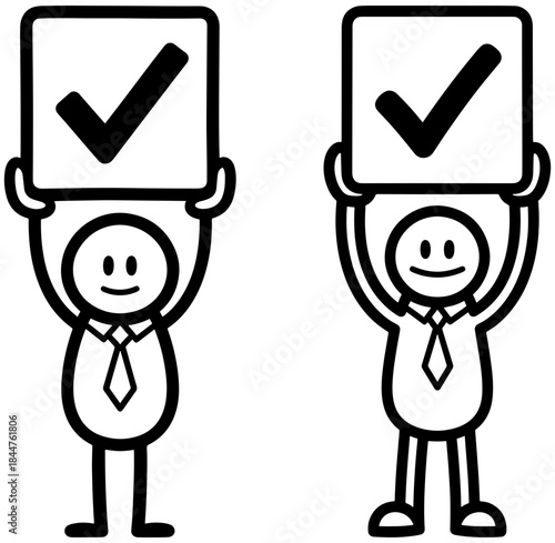 Two stick figures holding up signs with check marks, business concept of approval or success, simple black and white line art illustration generated with ai