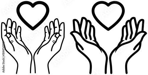 Two pairs of open hands gently holding or offering a heart shape, black and white line art illustration symbolizing love, care, donation, or protection generated with ai