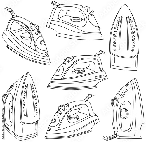 Collection of various steam irons in outline drawing style, generated with ai