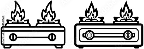 Set of two gas stove burners with flames icon, cooking appliance outline illustration generated with ai