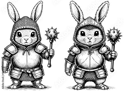 Two adorable anthropomorphic rabbits dressed in medieval knight armor, one holding a spiked mace, detailed black and white engraving style illustration generated with ai