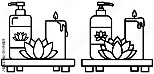 Set of two spa icons with soap dispenser, burning candle, and lotus flower on a wooden tray, line art generated with ai