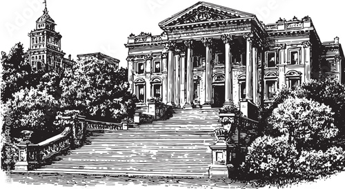 Neoclassical building drawing with elegant details. A vector architectural illustration featuring stairs and columns in a historical landscape set.