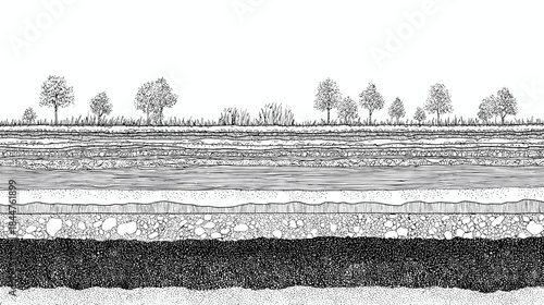 Black and white line drawing of a cross section view trough different types of soil layers in the ground for cad architecture	