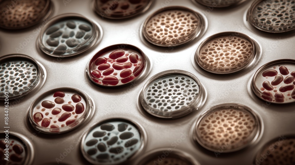 Obraz premium Microbiology examination with colorful petri dishes displaying diverse cultures