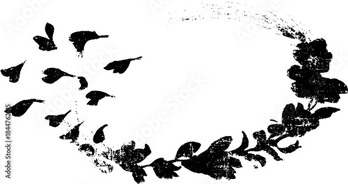 Black and white stencil illustration of fluttering petals in motion