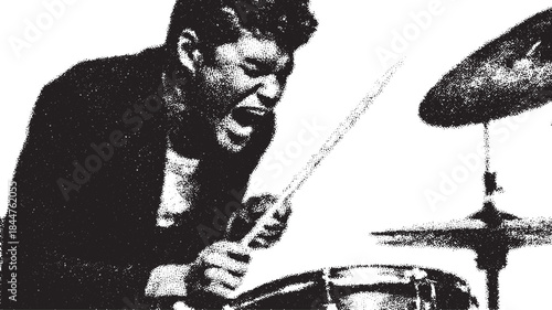 Drummer in black and white silhouette. Dynamic vector illustration capturing musical performance and rhythm in a creative set.