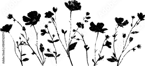 Black and white blooming stem stencil illustration for art and design projects