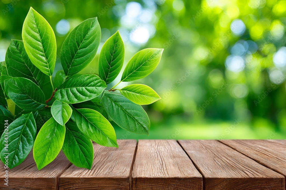 Fototapeta premium Green leaves growing over wooden table with bokeh