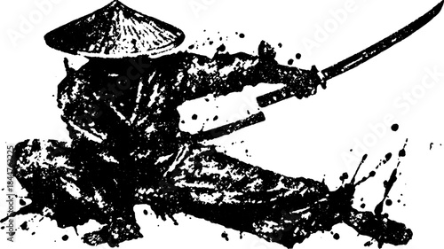 Warrior silhouette with a katana sword in action. Dynamic black vector illustration featuring a dramatic design and ink splashes in a martial theme.