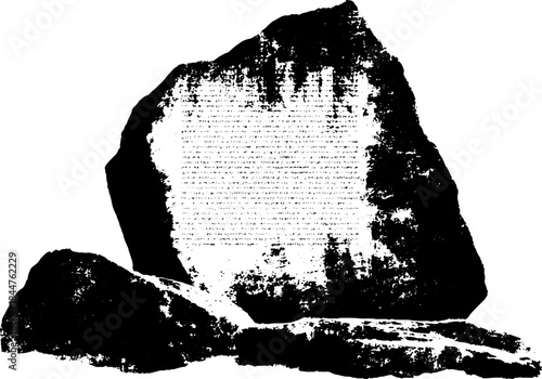 Black and white stencil of imagined stone tablet in rough grunge style for design