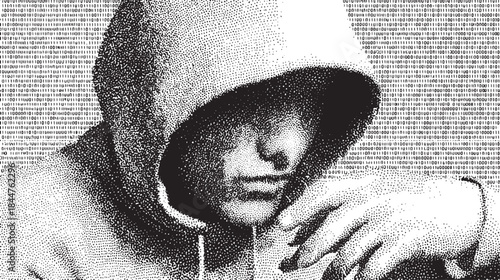 Hooded person gesturing amidst a binary backdrop. Monochrome vector illustration focused on digital expression.