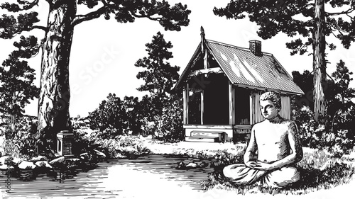 Meditation scene featuring a monk in nature. A simple black and white vector illustration of a house and tree by the water.