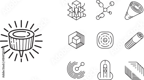 Abstract science and technology icons including geometric shapes molecules radar signal cone
