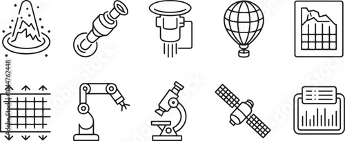 Science and industry icons including a wizard hat telescope robotic arm microscope and satellite