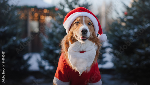 Dog wearing Santa hat and outfit in snow with trees in the background during winter season