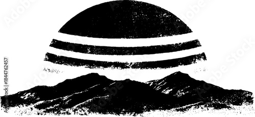 Monochrome stencil art of layered mountains and sun - design for print or poster