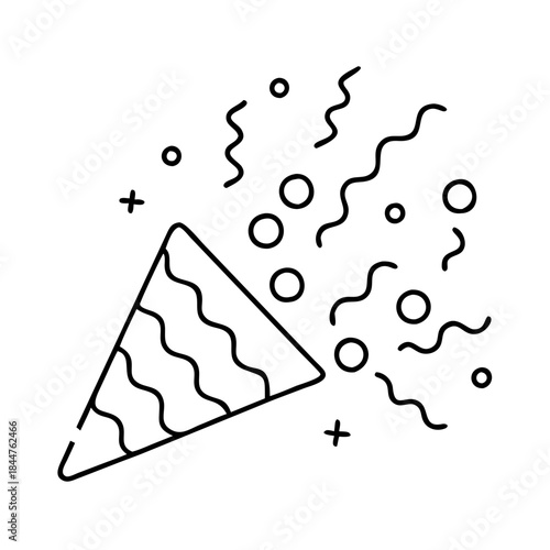 A line art illustration of a party popper icon exploding with confetti and streamers