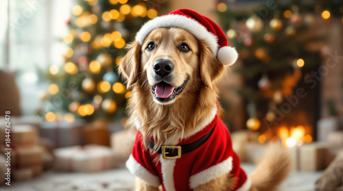 Golden retriever wearing Santa hat and outfit by Christmas tree with lights and gifts in warm indoor setting