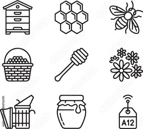 Beekeeping outline icons set: beehive, honeycomb, bee, basket, honey dipper, flowers, smoker