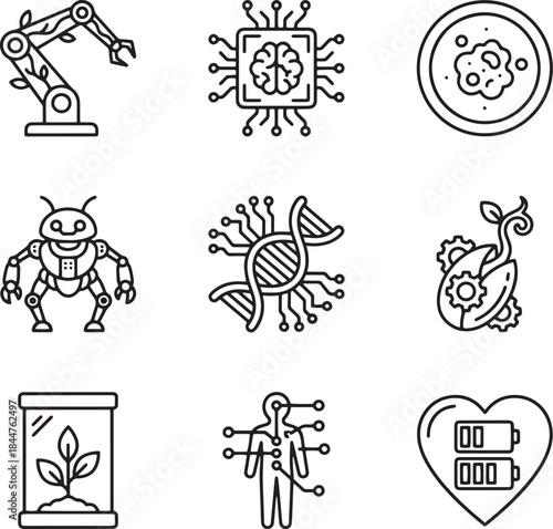 Bioengineering and artificial intelligence icon set: robotic arm, AI brain, petri dish, robot