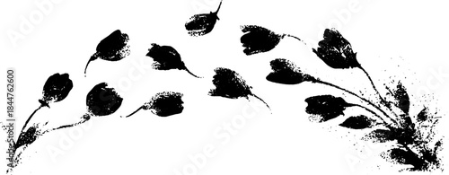 Black and white stencil art of spring wind blowing flowers illustration for design projects