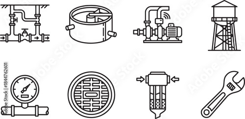 Modern water engineering system icons set with smart pump and filtration units