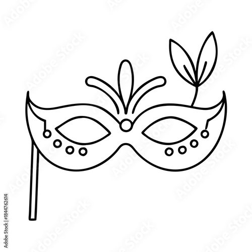 A black and white line art illustration of a masquerade carnival mask on a stick