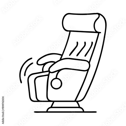 Black and white line drawing of a massage chair, symbolizing relaxation and modern comfort.