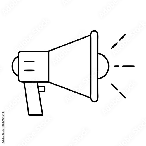 Simple black and white line art icon of a megaphone representing announcement and broadcast
