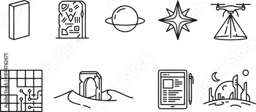 Outline icons set of science fiction, ancient civilizations and advanced technology concepts