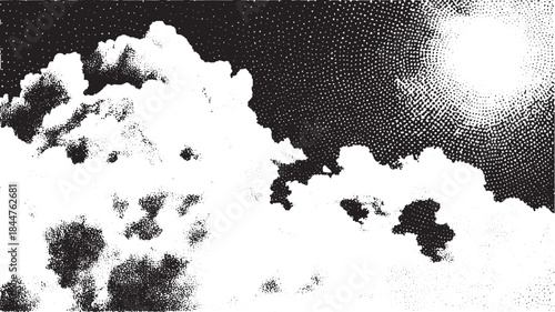 Clouds and sun in monochrome style. Vintage black and white vector illustration showcasing scenic digital art set.