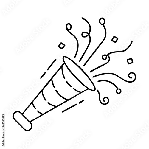 A line drawing illustration of a festive party popper exploding with confetti