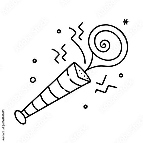 A black and white line art illustration of a party blower unrolling during a celebration