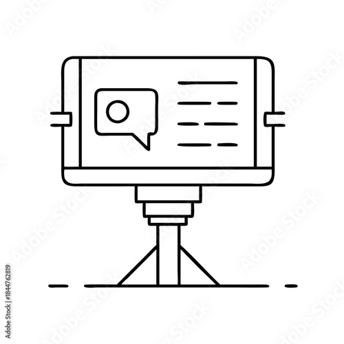 A line art icon of a smartphone on a tripod showing a chat bubble on its screen