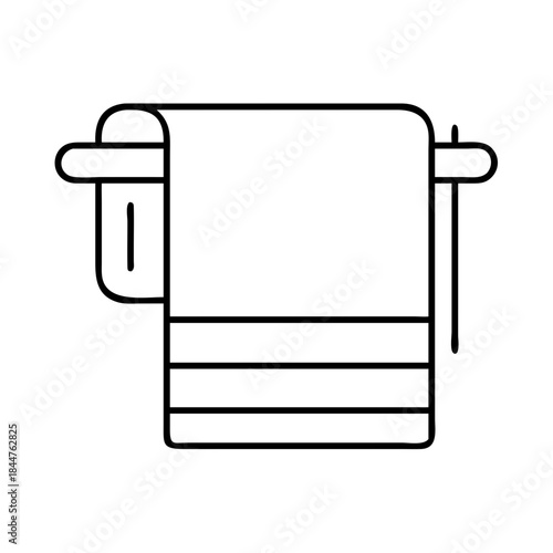 A minimalist black and white line icon illustrating a towel hanging on a wall-mounted towel rack
