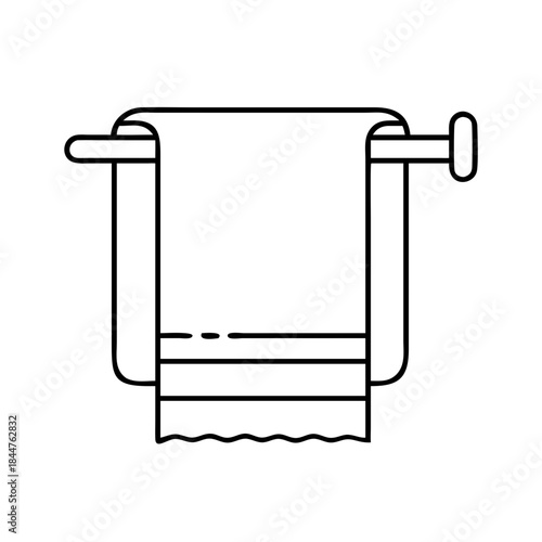 A black and white line art illustration of a towel hanging on a modern bathroom towel rack
