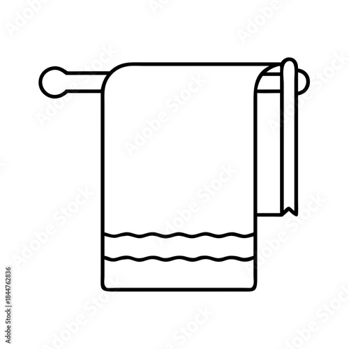 A simple line art illustration of a towel hanging on a wall-mounted towel rack