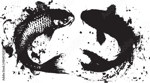 Koi fish illustration in black and white style. This vector art captures aquatic themes with elaborate textures and patterns in a unique set.