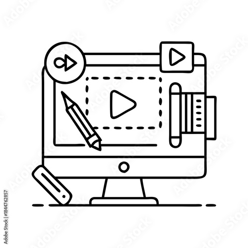 A line art icon representing digital video content creation and editing on a desktop computer
